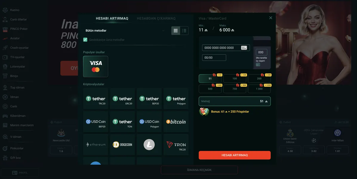 Pinko Kazino ödəniş üsulları və uduşların çıxarılması